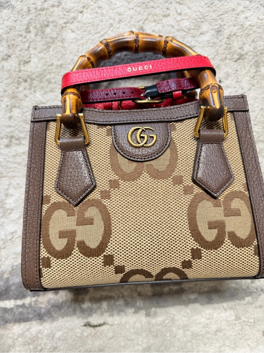 Gucci Brown GG Canvas Mini Top-Handle Bag with Bamboo Handles and Red Strap